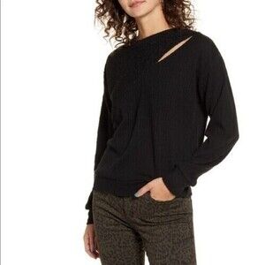 Socialite Mixed Media Sweater Top L Cutout Faux Sherpa Rib Knit Black EUC B99